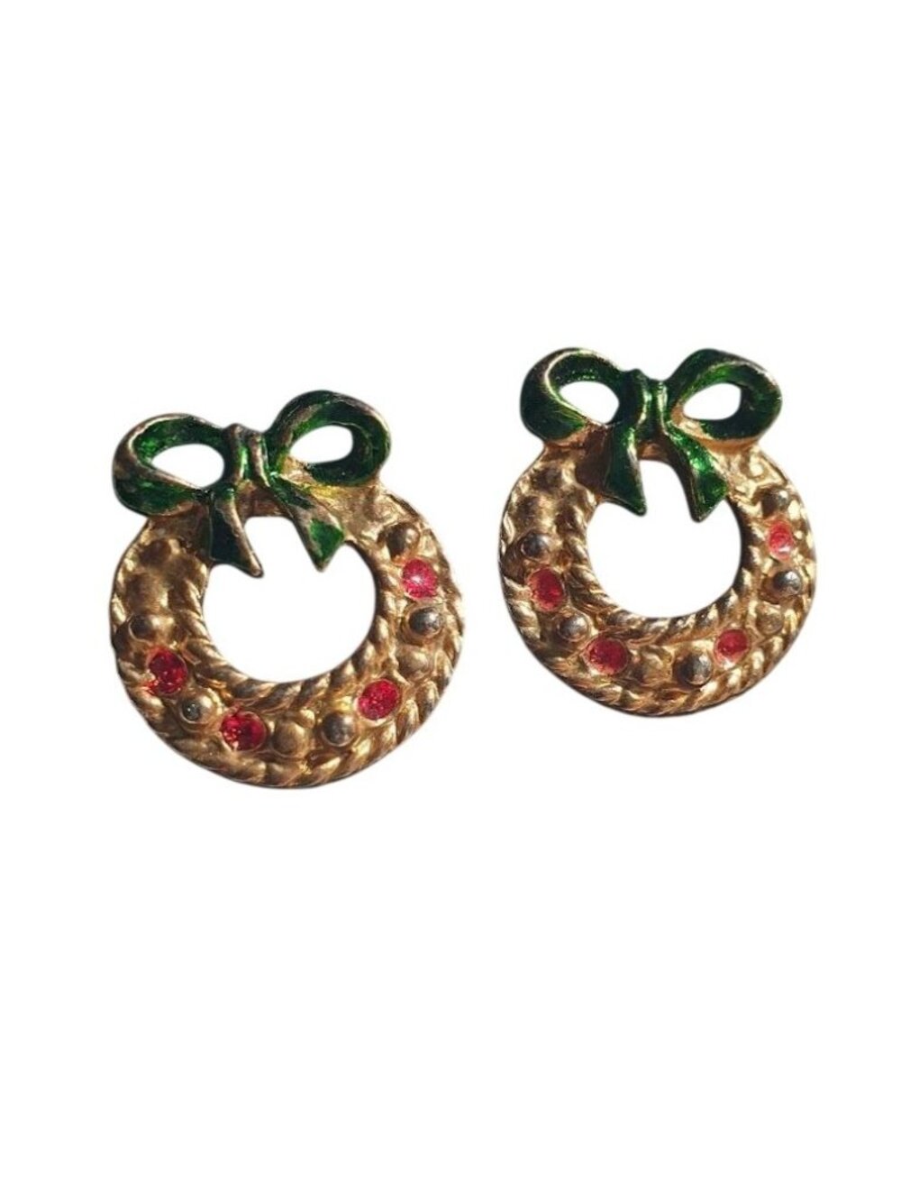 Gold Tone Rhinestone Wreath Stud Earrings Green Bow Red Accents Holiday Jewelry